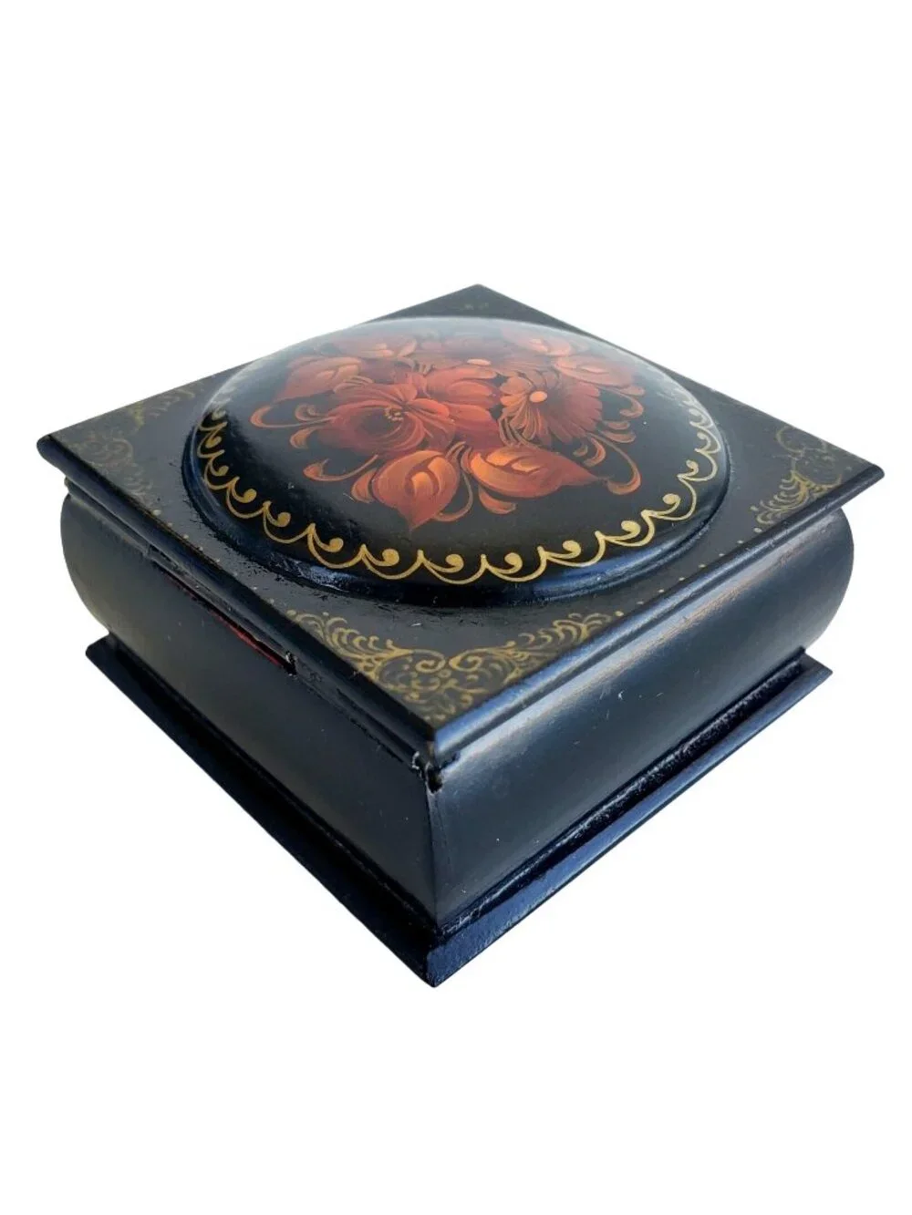 Hand Painted Russian Signed Lacquer Wood Trinket Jewelry Box